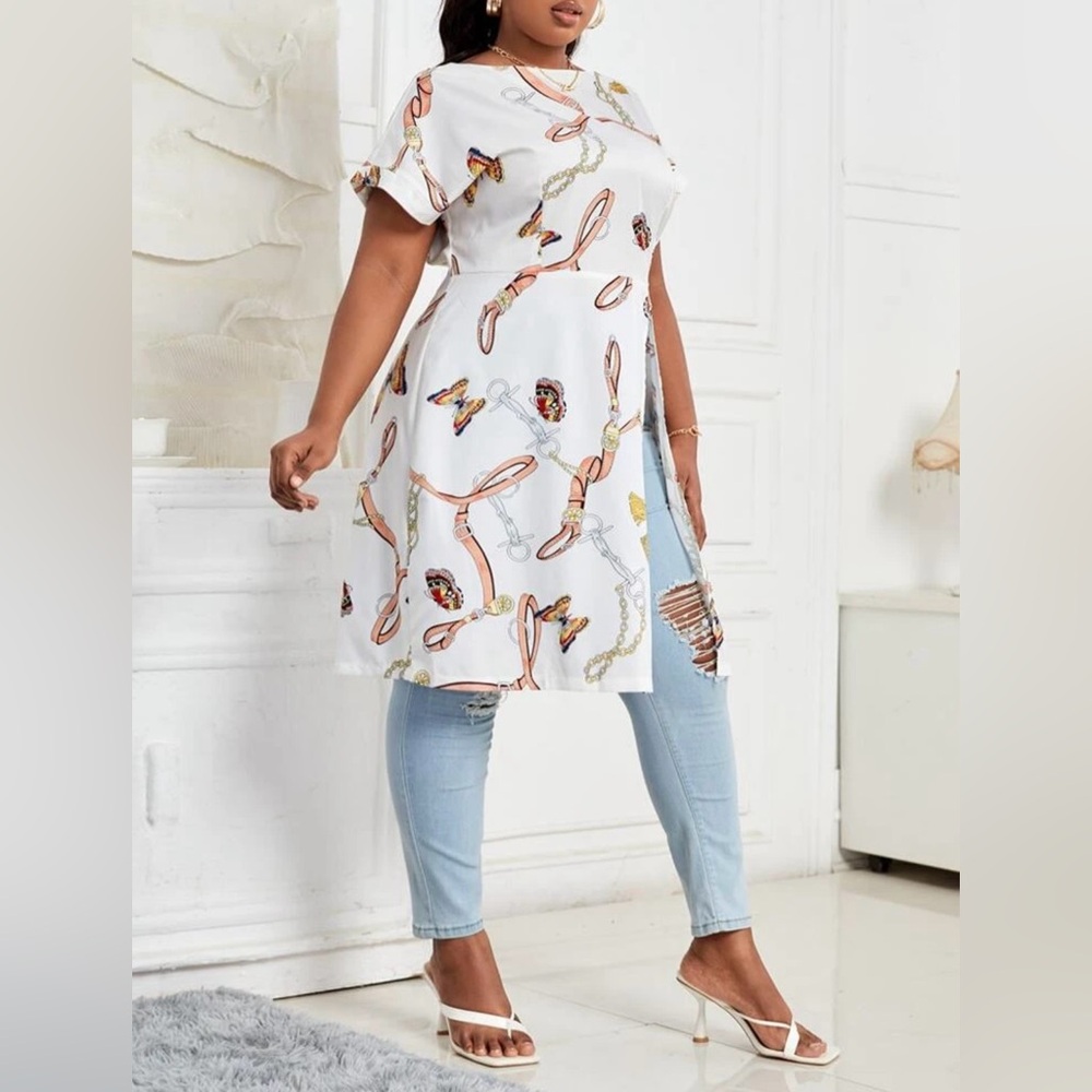 Chain Print Split Hem Batwing Sleeve Blouse (4X/20)